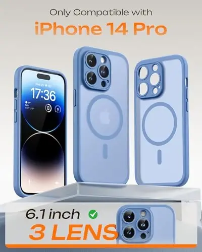 TOCOL, Telefon 14 Pro Kılıfı ile Uyumlu, Magsafe Şarj Cihazı ile Uyumlu, Tam Kamera Koruması, Düşme Koruması, Yarı Saydam Mat Telefon Kılıfı, iPhone 14 Pro 6.1 inç için (Açık Mavi) - 2