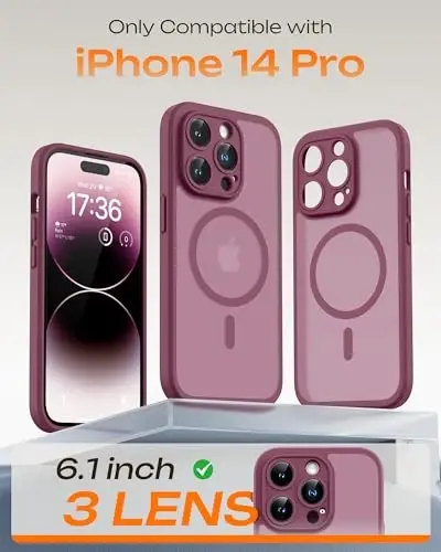 TOCOL Telefon 14 Pro Kılıfı, Magsafe Şarj Cihazı ile Uyumlu, Tam Kamera Koruması, Düşme Koruması, iPhone 14 Pro 6.1 inç için Yarı Saydam Mat Telefon Kılıfı (Erik Rengi) - 2