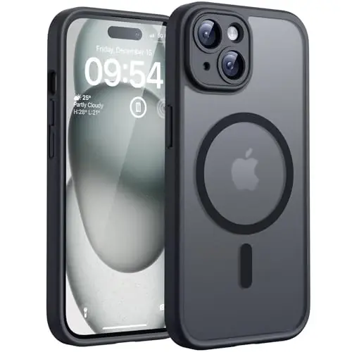 TOCOL Telefon 15 Plus Kılıfı, Magsafe Şarj Cihazı ile Uyumlu, Tam Kamera Koruması, Düşme Koruması, iPhone 15 Plus 6.7 inç için Yarı Saydam Mat Telefon Kılıfı (Siyah) 
