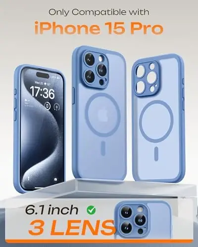 TOCOL, Telefon 15 Pro G‘ilof uchun, Magsafe zaryadlovchi mos keladigan, To‘liq Kamera Himoyasi, Tushishdan Himoya, iPhone 15 Pro 6.1 dyuym uchun Shaffof Mat Telefon G‘ilofi (Och Havo Rangi) - TOCOL (1)