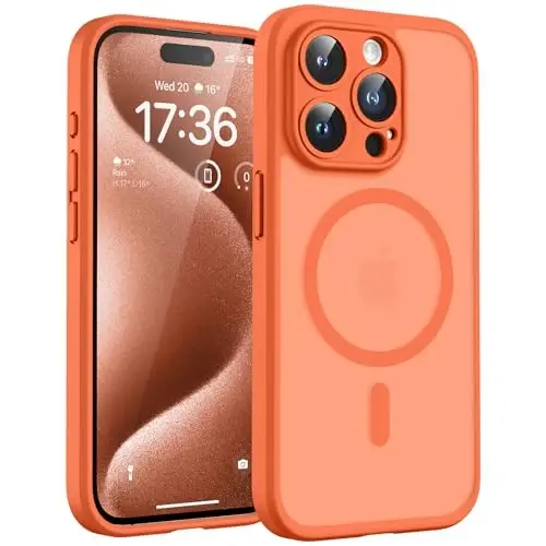 TOCOL, Telefon 15 Pro Max Kılıfı için, Magsafe Şarj Cihazı ile Uyumlu, Tam Kamera Koruması, Düşme Koruması, iPhone 15 Pro Max 6.7 inç için Yarı Saydam Mat Telefon Kılıfı (Turuncu) 