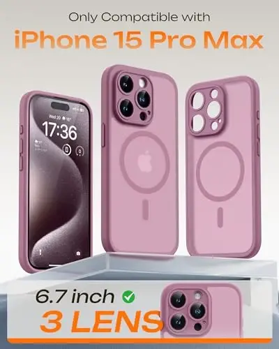 TOCOL Telefon 15 Pro Max Kılıfı, Magsafe Şarj Cihazı ile Uyumlu, Tam Kamera Koruması, Düşme Koruması, iPhone 15 Pro Max 6.7 inç için Yarı Saydam Mat Telefon Kılıfı (Lila Moru) - 3