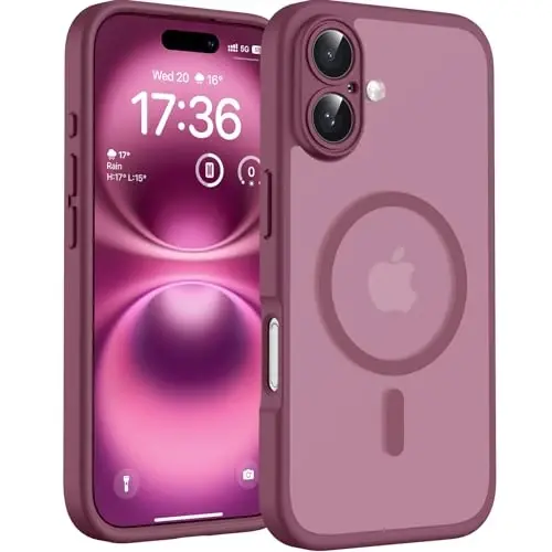 TOCOL Telefon 16 G‘ilof uchun, Magsafe Zaryadlovchi qurilmasiga mos keladi, To‘liq Kamera Muhofazasi, Tomchidan Himoya, iPhone 16 6.1 dyuym uchun Yarim shaffof Mat Telefon G‘ilofi (Olxo‘ri) 