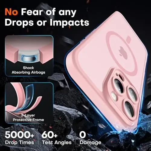 TOCOL, Telefon 16 Pro Kılıfı ile uyumlu, Magsafe Şarj Cihazı ile uyumlu, Tam Kamera Koruması, Düşme Koruması, iPhone 16 Pro 6.3 inç için Yarı Saydam Mat Telefon Kılıfı (Açık Pembe) - 4