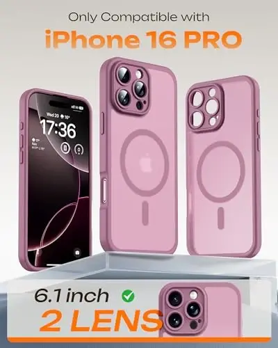 TOCOL Telefon 16 Pro Kılıfı, Magsafe Şarj Cihazı ile Uyumlu, Tam Kamera Koruması, Düşme Koruması, iPhone 16 Pro 6.3 inç için Yarı Saydam Mat Telefon Kılıfı (Lila Mor) - TOCOL (1)