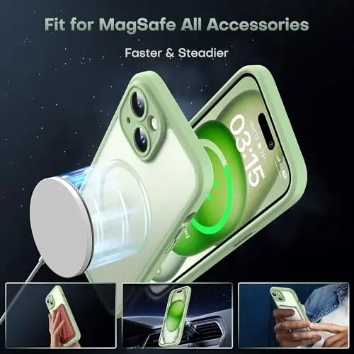 TOCOL uchun iPhone 15 gilof, Magsafe bilan mos keladi, To'liq kamera himoyasi, O'rnatilgan magnit halqa, Tomchidan himoya, iPhone 15 6.1 dyuym uchun shaffof matli telefon gilofi (Ochiq yashil) - 3