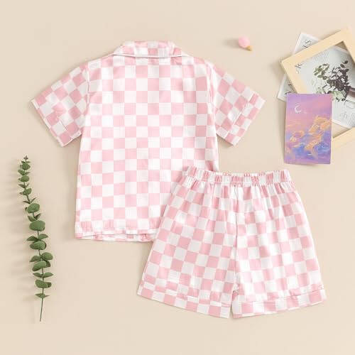 Toddler Baby Girl Boy Satin Pajamas Set Checkered Button Down Shirt+Short Pant Bottom Summer Sleepwear Loungewear - 45