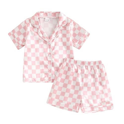 Toddler Baby Girl Boy Satin Pajamas Set Checkered Button Down Shirt+Short Pant Bottom Summer Sleepwear Loungewear - 22