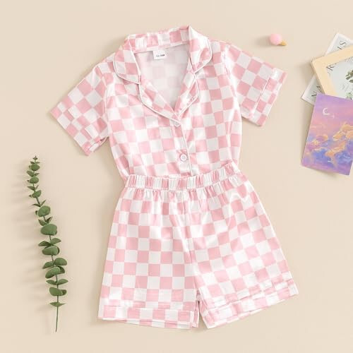 Toddler Baby Girl Boy Satin Pajamas Set Checkered Button Down Shirt+Short Pant Bottom Summer Sleepwear Loungewear - 16