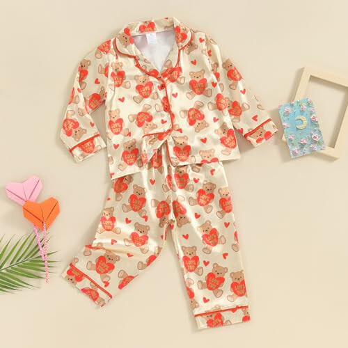 Toddler Baby Kids Satin Pajamas Set, Long Sleeve Button-Down Sleepwear PJs for Girls - 44