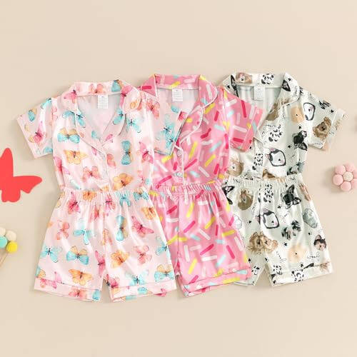 Toddler Baby Kids Satin Summer Pajamas Set Short Sleeve Button-Down Pajamas Top Pants 2Pcs Loungewear Sleepwear Pjs - 37