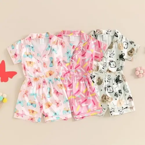 Toddler Baby Kids Satin Summer Pajamas Set Short Sleeve Button-Down Pajamas Top Pants 2Pcs Loungwear Sleepwear Pjs - 2