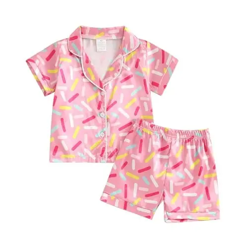 Toddler Baby Kids Satin Yozgi Pijamalar To'plami Qisqa Yengli Tugmali Pijamalar Top Shim 2Pcs Uy Kiyimi Uyqu Kiyimi Pjs - 1
