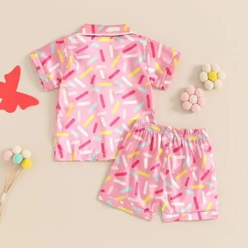 Toddler Baby Kids Satin Yozgi Pijamalar To'plami Qisqa Yengli Tugmali Pijamalar Top Shim 2Pcs Uy Kiyimi Uyqu Kiyimi Pjs - 3