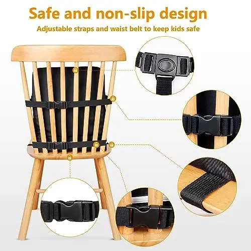 Toddler Booster Seat for Dining Table, Booster Seat for Table, 12.6x3.34 Inch Portable High Chair for Travel, HOSEASCA Compact Lightweight Travel Booster Seat with Adjustable Straps for Baby(Black) - 3