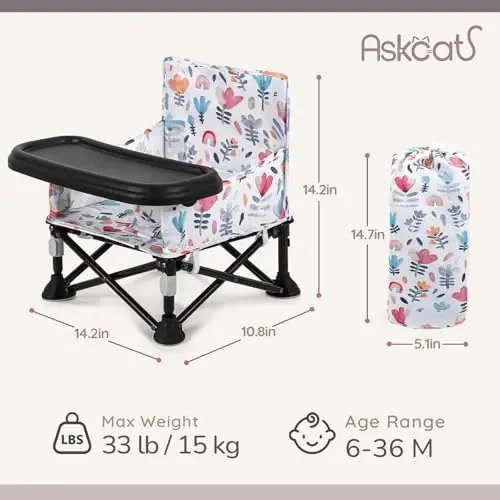 Toddler Booster Seat for Dining Table & Kitchen Chair - Portable Foldable with Removable Tray, Baby Camping Chair 6-36 Months Indoor Outdoor (Green Stripe) 