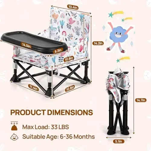 Toddler Booster Seat for Dining Table & Kitchen Chair - Portable Foldable with Removable Tray, Baby Camping Chair 6-36 Months Indoor Outdoor (Green Stripe) - ASKCAT (1)