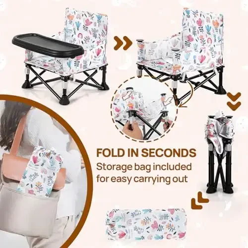 Toddler Booster Seat for Dining Table & Kitchen Chair - Portable Foldable with Removable Tray, Baby Camping Chair 6-36 Months Indoor Outdoor (Green Stripe) - 3