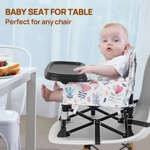 Toddler Booster Seat for Dining Table & Kitchen Chair - Portable Foldable with Removable Tray, Baby Camping Chair 6-36 Months Indoor Outdoor (Green Stripe) - 6