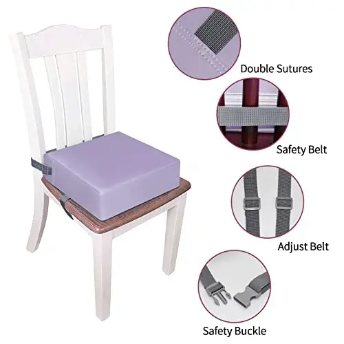 Toddler Booster Seat for Dining Table, PU Washable Double Safe Straps Non-Slip Bottom Booster Seat Cushion, Strong Support Portable Travel Booster Seat for Chair (Purple) - 4