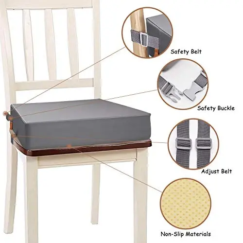 Toddler Booster Seat for Dining Table, PU Washable Double Safe Straps Non-Slip Bottom Booster Seat Dining Toddler, Portable Travel Increasing Cushion (Grey) - 3