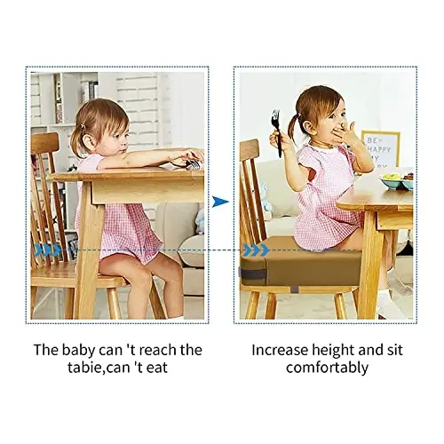 Toddler Booster Seat for Dining Table, PU Washable Double Safe Straps Non-Slip Bottom Booster Seat Dining Toddler, Portable Travel Increasing Cushion (Khaki) - 2
