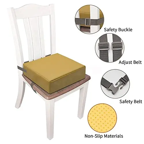 Toddler Booster Seat for Dining Table, PU Washable Double Safe Straps Non-Slip Bottom Booster Seat Dining Toddler, Portable Travel Increasing Cushion (Khaki) - 3