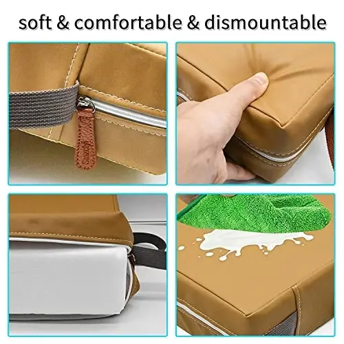 Toddler Booster Seat for Dining Table, PU Washable Double Safe Straps Non-Slip Bottom Booster Seat Dining Toddler, Portable Travel Increasing Cushion (Khaki) - 5