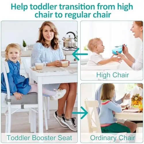 Toddler Booster Seat for Dining Table, Stronger Support Non-Slip Bottom Booster Seat for Kitchen Chair 2 Adjustable Straps Portable Travel and Home Increasing Booster Cushion Kid Baby(Grey) - 4