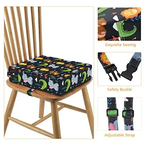 Toddler Booster Seat for Dining Table, Stronger Support Non-Slip Bottom Double Safe Straps Booster Seat Dining Toddler, Portable Travel Increasing Cushion (Black) - 3