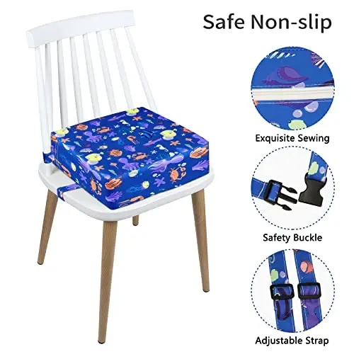 Toddler Booster Seat for Dining Table, Stronger Support Non-Slip Bottom Double Safe Straps Booster Seat Dining Toddler, Portable Travel Increasing Cushion (Blue) - 3