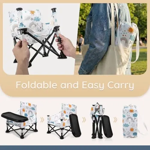 Toddler Booster Seat for Kitchen Chair & Travel - Portable Foldable with Removable Tray, Baby Camping Chair 6-36 Months Indoor Outdoor (White Cloud Design) - 2