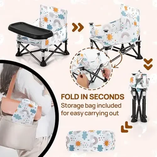 Toddler Booster Seat for Kitchen Chair & Travel - Portable Foldable with Removable Tray, Baby Camping Chair 6-36 Months Indoor Outdoor (White Cloud Design) - 3
