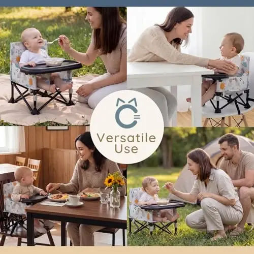Toddler Booster Seat for Kitchen Chair & Travel - Portable Foldable with Removable Tray, Baby Camping Chair 6-36 Months Indoor Outdoor (White Cloud Design) - 4