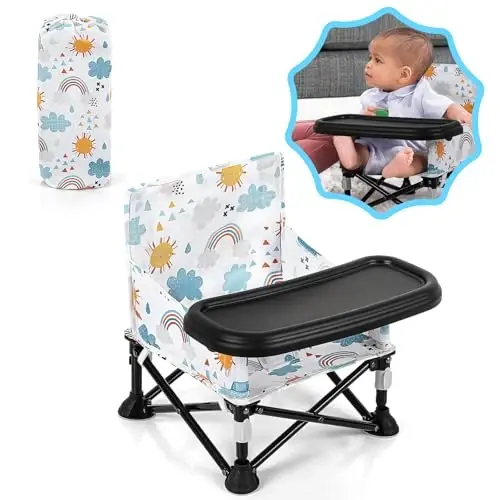 Toddler Booster Seat for Kitchen Chair & Travel - Portable Foldable with Removable Tray, Baby Camping Chair 6-36 Months Indoor Outdoor (White Cloud Design) - 5