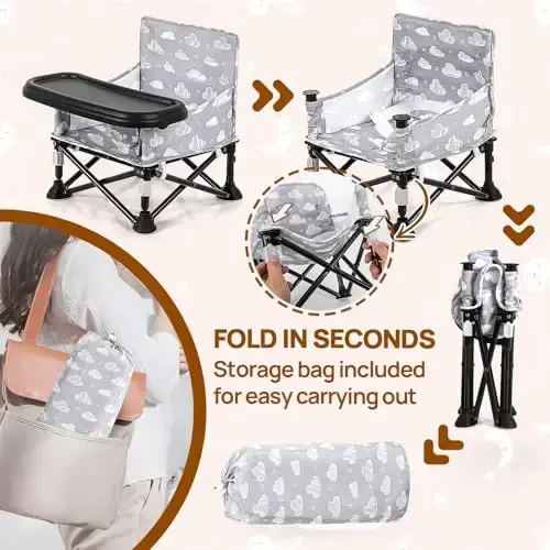 Toddler Booster Seat for Kitchen Chair & Travel - Portable Foldable with Removable Tray, Baby Camping Chair 6-36 Months Indoor Outdoor (White Cloud Design) - 4