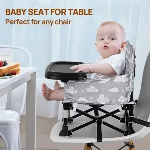 Toddler Booster Seat for Kitchen Chair & Travel - Portable Foldable with Removable Tray, Baby Camping Chair 6-36 Months Indoor Outdoor (White Cloud Design) - 6