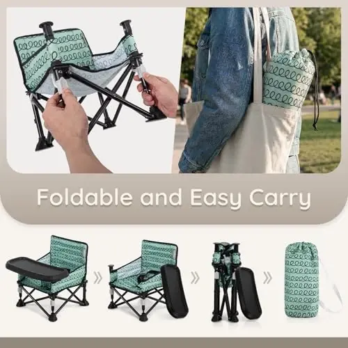 Toddler Booster Seat for Kitchen Chair & Travel - Portable Foldable with Removable Tray, Baby Camping Chair 6-36 Months Indoor Outdoor (White Cloud Design) - 3