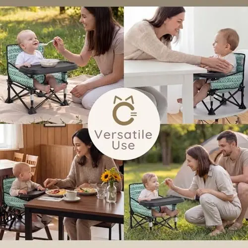 Toddler Booster Seat for Kitchen Chair & Travel - Portable Foldable with Removable Tray, Baby Camping Chair 6-36 Months Indoor Outdoor (White Cloud Design) - 5