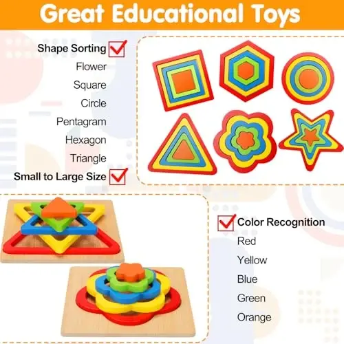 Toddler Puzzles Montessori Toy Wooden Shape Sorting Puzzle Sensory Toy Toddler Activities Preschool Learning Educational Autistic Developmental Toy 1 2 3 Year Old 1-3 0-2 Dementia Games Easter Gift - AUGTOY (1)