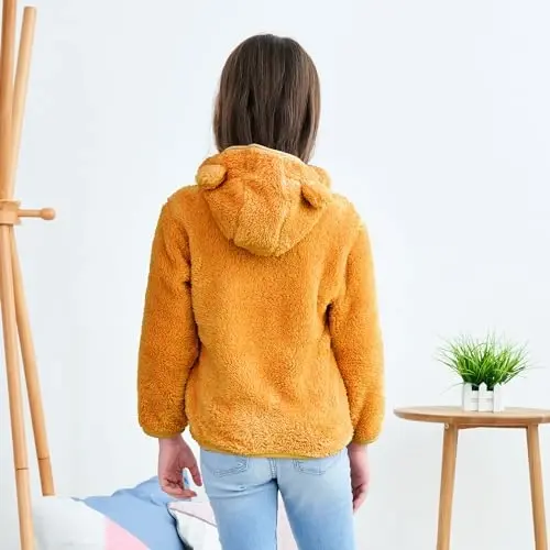 Toddler Qizlar Bolalar Junli Kapüşonli Kurtka Fermuarli Teddy Palto Issiq Qishki Ustki Kiyim - 3