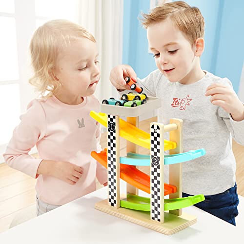 Toddler Toys for 1 2 Year Old Boy and Girl Gifts Wooden Race Track Car Ramp Racer with 4 Mini Car - 34