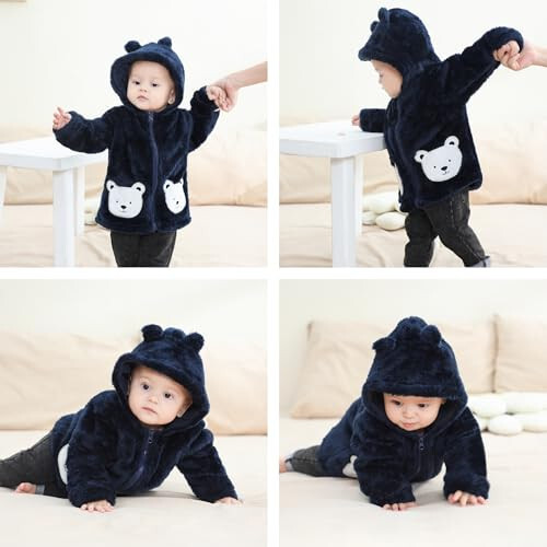 Toddler Winter Coat Fleece Zip up Hooded Bear Ears Warm Fuzzy Baby Kids Jacket Outerwear Sweater - 3