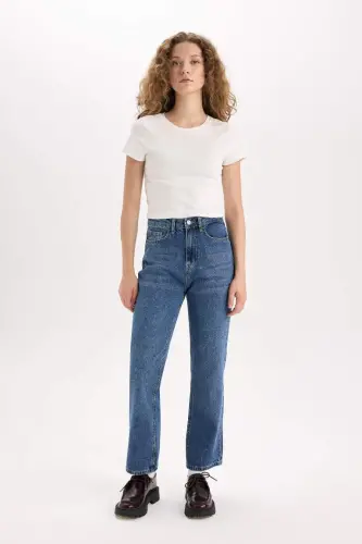 Toʻgʻri kesimli, baland belli, toʻpigʻigacha boʻlgan, yuvilgan jinsi shim - toʻq koʻk - DEFACTO (1)