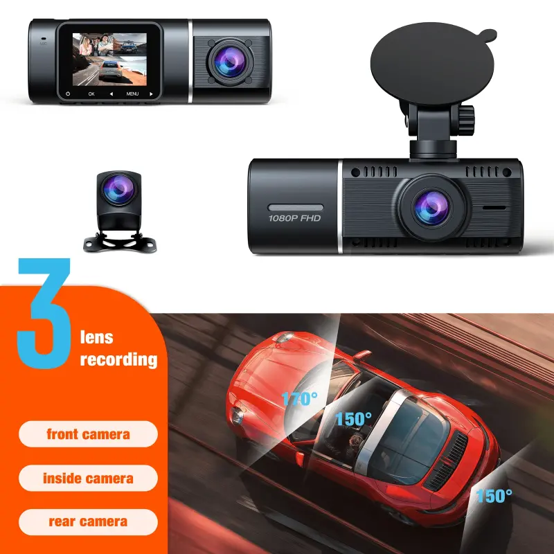 TOGUARD 3 Kanalali Dash Cam 1080P Dash Cam Old va Orqa 64GB SD Karta bilan Infraqizil Tungi Ko'rishli Avtomobil Kamerasi, WDR, Favqulodda Holat Qulfi, To'xtab Stantsiyasi Monitori - 2