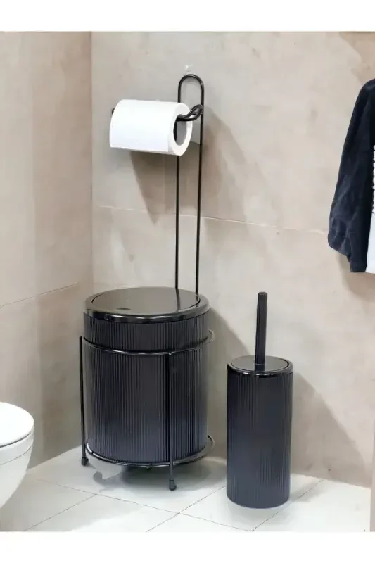 Toilet Paper Holder and Brush Set with Trash Can-BLACK - 2