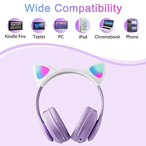 TOKANI Kids Bluetooth Wireless Over-Ear Cat Ear Headphones with Microphone for Kids Teens Adults (Pro-Purple) - 6
