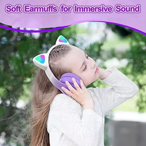 TOKANI Kids Bluetooth Wireless Over-Ear Cat Ear Headphones with Microphone for Kids Teens Adults (Pro-Purple) - 3