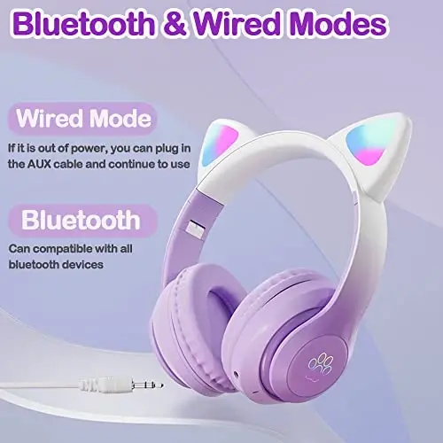 TOKANI Kids Bluetooth Wireless Over-Ear Cat Ear Headphones with Microphone for Kids Teens Adults (Pro-Purple) - 4