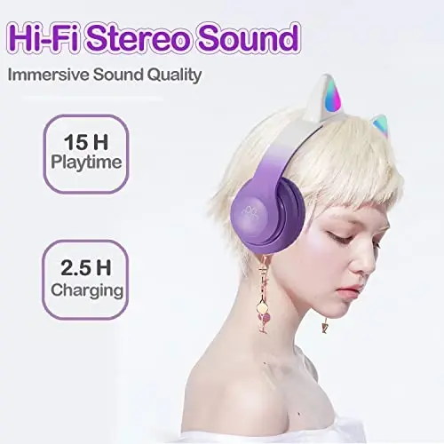 TOKANI Kids Bluetooth Wireless Over-Ear Cat Ear Headphones with Microphone for Kids Teens Adults (Pro-Purple) - 5